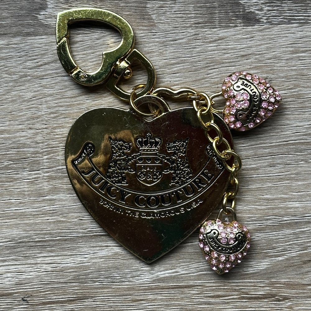 Juicy Couture Purse Charm Gold Tone Heart Chain Link Pink Rhinestones Y2k